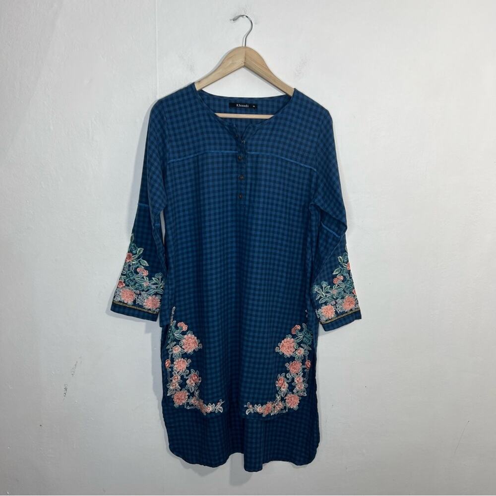 Khaadi Blue Plaid Floral Embroidered Kurta Tunic Top Size 10
